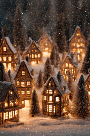 Charming winter village with illuminated houses and snowy landscape during evening hoursの素材