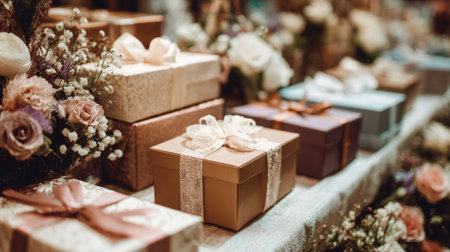 Elegant gift boxes beautifully arranged in a floral decor setting for a special occasion celebrationの素材