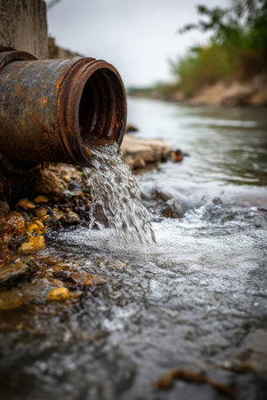 Water flowing from a pipe into a natural stream surrounded by vegetation near the riverbankの素材
