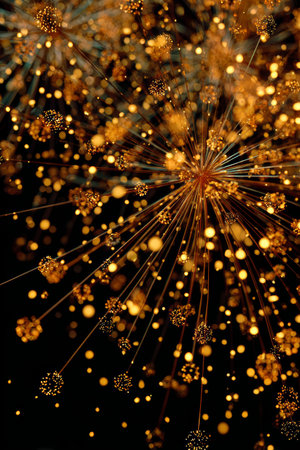 Sparkling gold particles illuminate the dark background with vibrant energy during a festive celebration at nightの素材