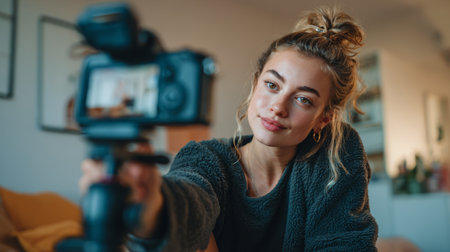 Young woman creating content while holding camera in cozy indoor setting with warm lighting during evening hoursの素材