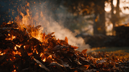 Colorful leaves burn in a backyard bonfire during a sunny autumn afternoonの素材