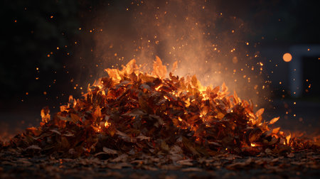 Vibrant autumn leaves burning in a controlled fire pit during an evening gatheringの素材