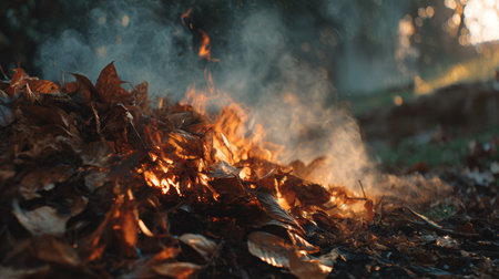 Burning leaves create a vibrant display of smoke and warmth during autumn afternoon in a serene backyard settingの素材