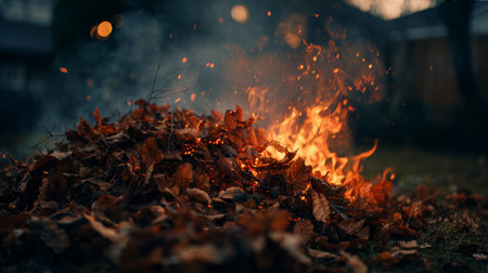 Fire burning through a pile of autumn leaves during dusk in a residential backyardの素材