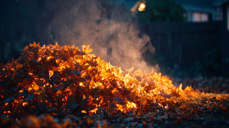 Colorful autumn leaves burn in a backyard, creating smoke in the early evening light during fall seasonの素材