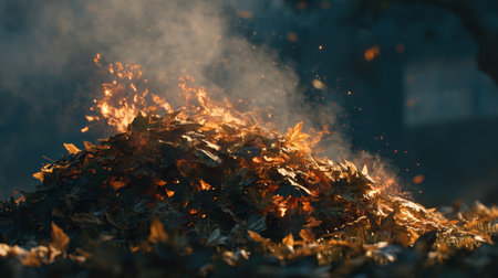 Burning pile of autumn leaves creates vibrant flames in a backyard during a sunny afternoonの素材