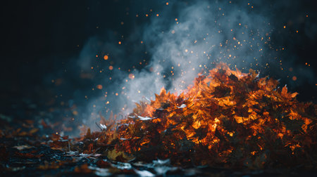 Bright autumn leaves burn in a smoky pile during a cool evening in a tranquil backyard settingの素材