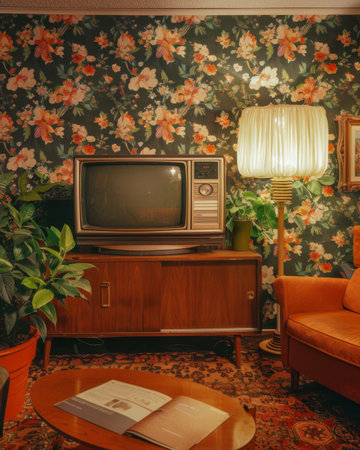 Vintage living room with floral wallpaper and retro television in cozy evening settingの素材