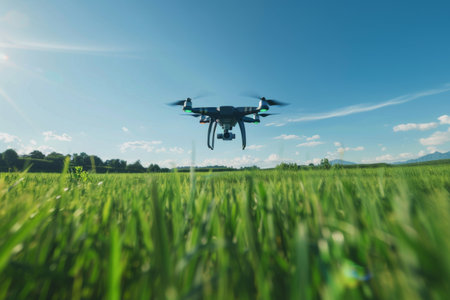 Drone flying over a green field on a sunny day with clear skies and distant mountainsの素材