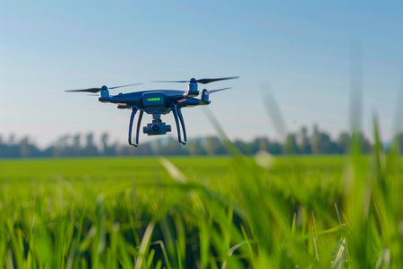 Drone flying over a lush green field during a clear day showcasing modern agricultural technologyの素材