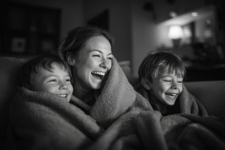 Happy family enjoying a cozy evening together while wrapped in blankets in their living room during winter nightの素材