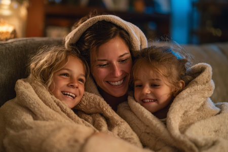 Warm family bonding moment while watching a movie indoors on a cozy evening with kids in soft blanketsの素材