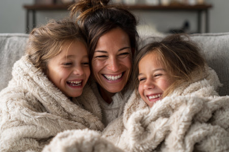 Smiling mother enjoys cozy time with her two daughters while wrapped in soft blankets at homeの素材