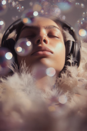 Relaxing moment with headphones and bubbles in a tranquil settingの素材