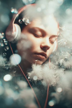 Person enjoying music while surrounded by bubbles and feathers in a dreamy atmosphereの素材