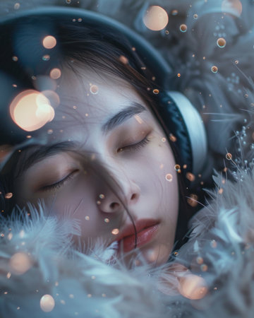 Young woman relaxing with headphones, surrounded by soft textures and gentle light in cozy settingの素材