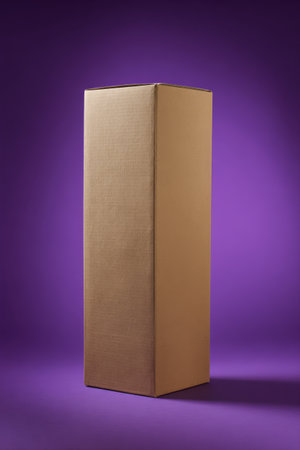 Cardboard box displayed against a vibrant purple background under soft lightingの素材