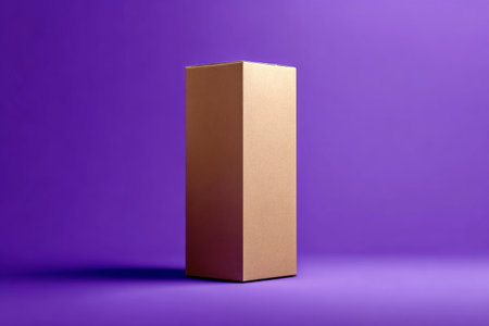 Tall brown package standing against a vibrant purple backdrop in a simple studio setting during daytimeの素材