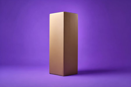 Tall, brown cardboard box on a vibrant purple background for product display and creative presentationの素材