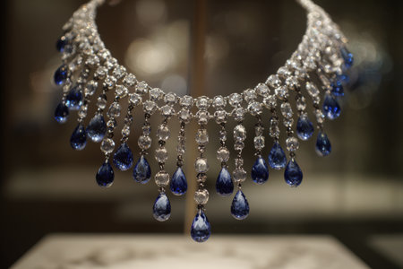 Stunning necklace with blue gemstones displayed in a jewelry showcase at an elegant exhibitionの素材