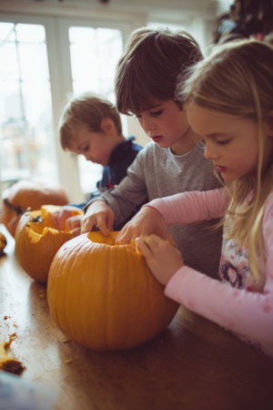 Kids carving pumpkins together in a cozy indoor setting during autumnの素材