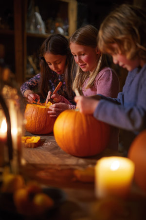 Children carving pumpkins together during a cozy autumn evening in a warmly lit roomの素材