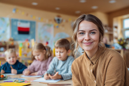 Smiling teacher in a classroom with children engaged in creative activities during daytimeの素材