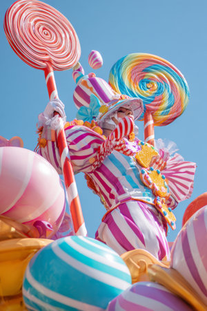 Colorful clown performs on a vibrant float with giant lollipops during a festive parade in bright sunlightの素材