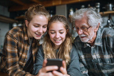 Family enjoying a moment together while looking at a smartphone in a cozy kitchen settingの素材