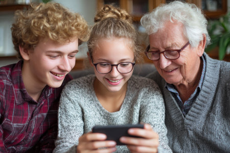 Family enjoying quality time together while watching videos on a smartphone indoorsの素材