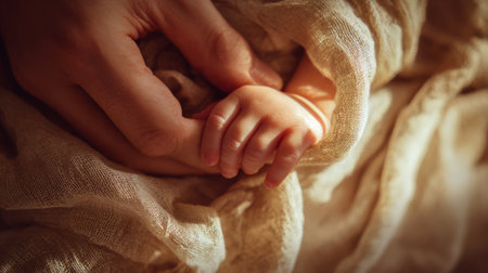Tender moment between parent and baby with natural light illuminating soft fabricの素材