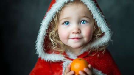 Child with blue eyes wearing red hooded coat holding orange in festive atmosphere during winter seasonの素材