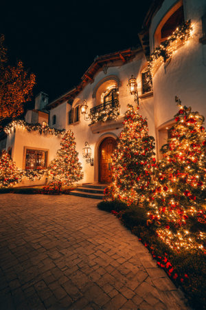 Festive holiday decorations illuminating a charming house at night with beautifully lit treesの素材