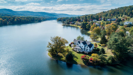 Stunning waterfront home on a serene island amidst autumn foliage near a peaceful lakeの素材