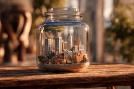 Miniature cityscape displayed in a glass jar on a wooden table under natural lightの素材