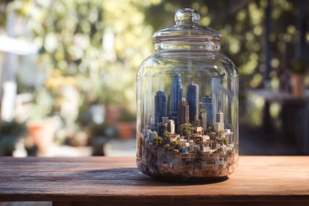 Miniature cityscape in a glass jar set on a wooden table in a garden with greenery and plants surrounding itの素材
