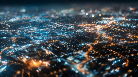 City skyline illuminated at night showcasing vibrant lights and bustling streets from an aerial viewの素材