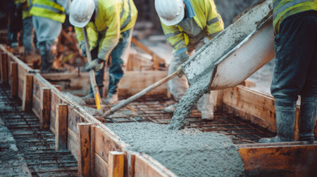 Construction workers pouring concrete into wooden forms on a construction site in the early morningの素材