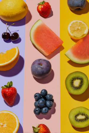 Bright and colorful arrangement of fresh fruits on vibrant backgroundの素材
