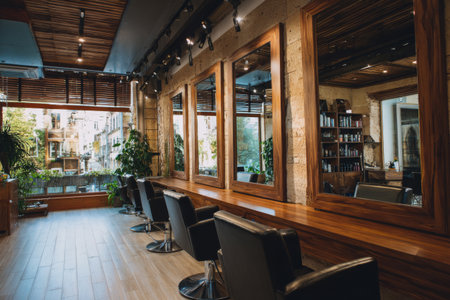 Stylish interior of a modern hair salon with large mirrors and natural lightingの素材