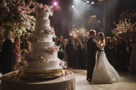 Elegant wedding reception with a beautiful cake and a couple sharing their first dance under soft lightsの素材