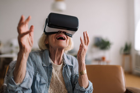 Elderly woman enjoys virtual reality experience at home, showcasing new technology in everyday lifeの素材