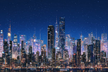 City skyline illuminated at night with vibrant colors and a starry sky in the backgroundの素材