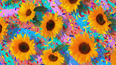 Bright sunflowers spread across a colorful abstract background with playful confetti in a vibrant, joyful displayの素材