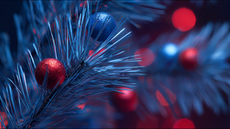 Brightly colored ornaments on a shimmering blue Christmas tree with festive lights during the holiday seasonの素材