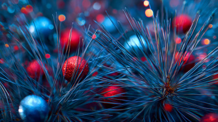 Colorful decorations on evergreen branches create a festive atmosphere during the holiday seasonの素材