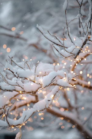 Snow-covered branches adorned with warm lights create a cozy winter scene in a serene outdoor settingの素材