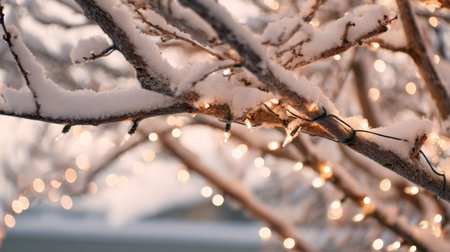 Snow covered branches adorned with bright lights creating a cozy winter atmosphere during a quiet eveningの素材