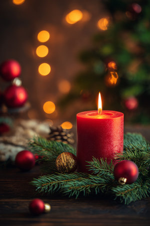 Warm candlelight enhances holiday spirit with festive decorations and twinkling lights in cozy settingの素材